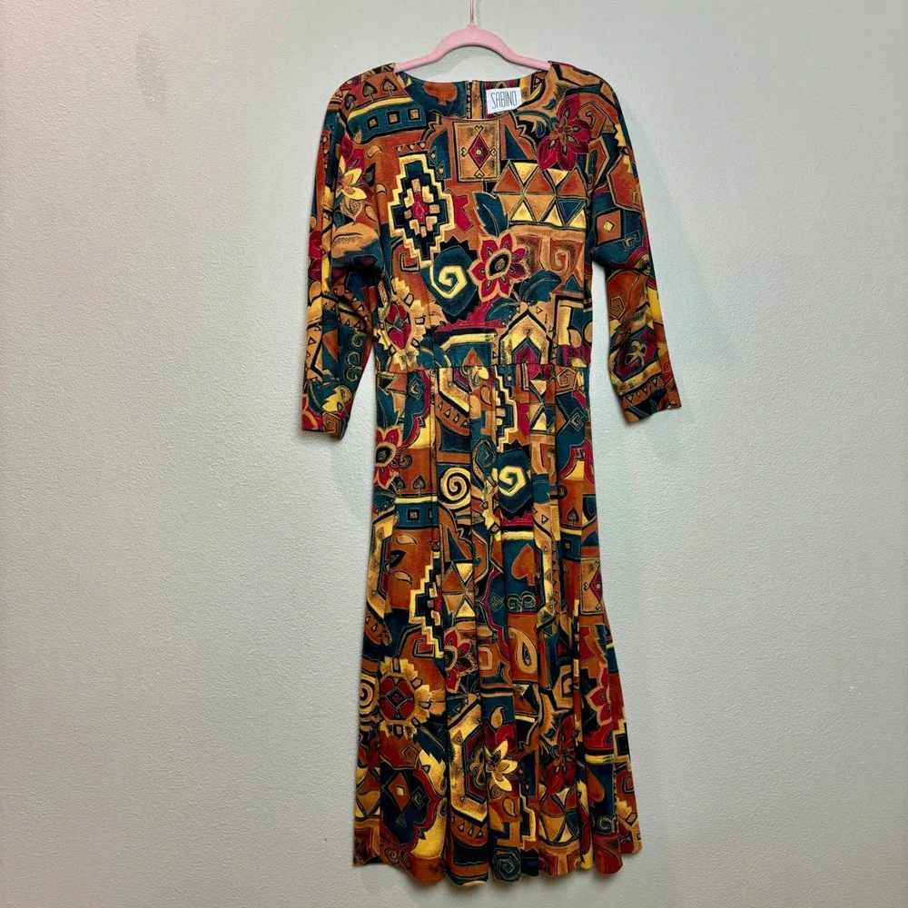 Sabino Vintage 80s‎ Midi Dress Abstract Print Belted Long Sleeve Size 6 Bohemian - Picture 6 of 16